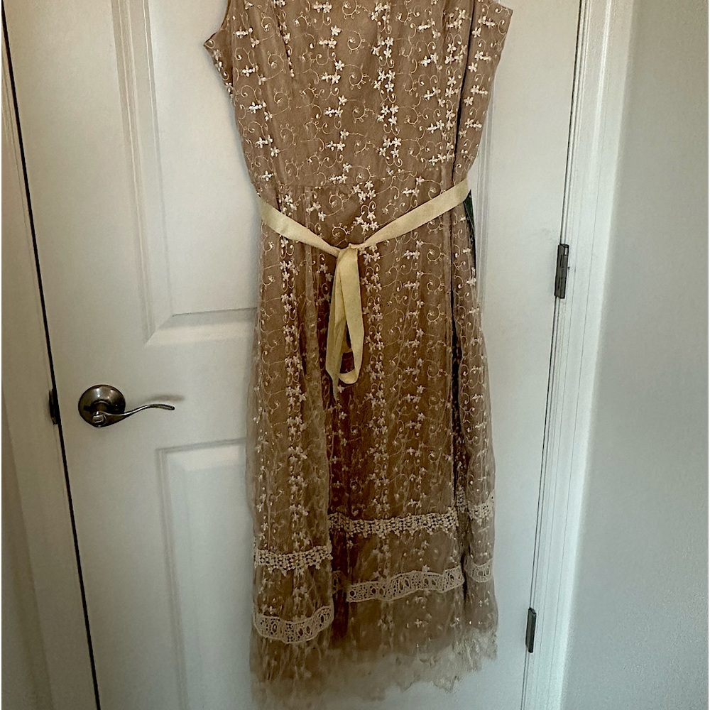 Lace and silk maxi dress ,beige and white lace flowers ,beautiful.sleeveless
